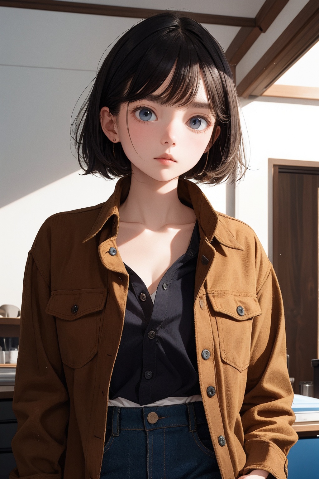The inner shirt is visible between the buttons of a corduroy jacket that has been removed.She is looking somewhere in the...