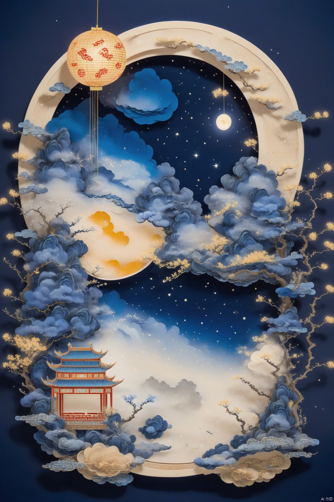  a drawing of a starry night and the moon, chinese wind painting,Isometric,outside border, Multi color matching,in the style of dreamy, romanticized cityscapes, influenced by ancient chinese art, luminous spheres, dusty piles, intricate storytelling, firecore, dreamscape portraiture,by Mitsumasa Anno