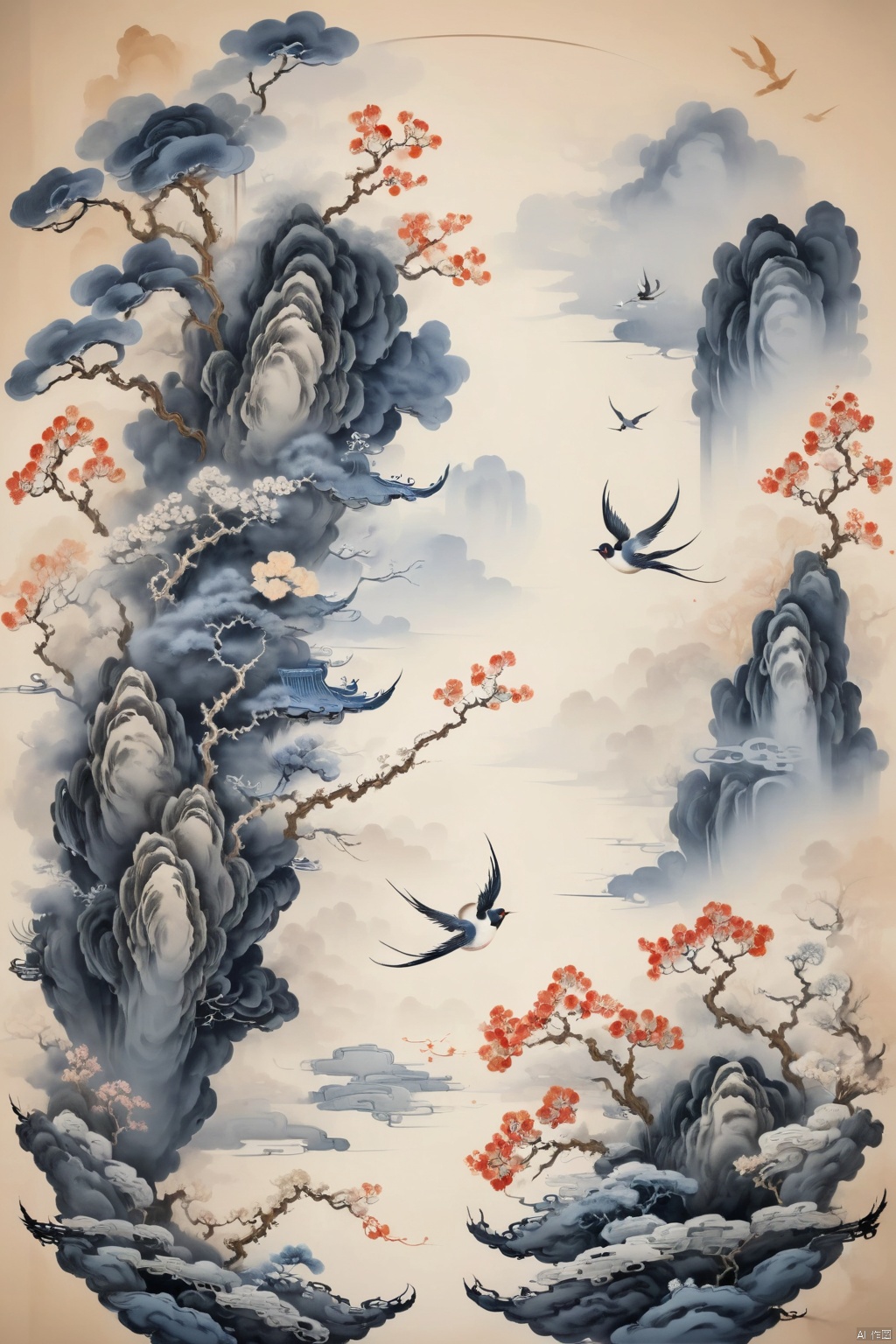 The flowers are always withering, which makes people helpless, and the swallows return again, wandering alone in the flower fragrance path. Chinese ink and wash style