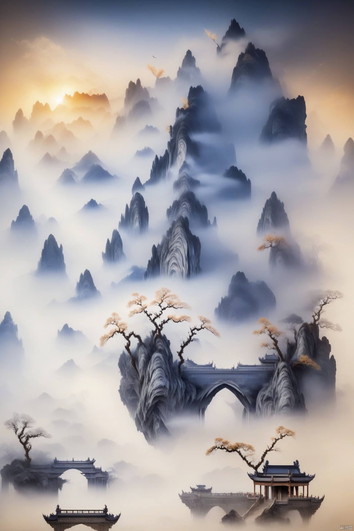 A mountain suspended in the air, with temples built on the peak, smoky, like a fairyland