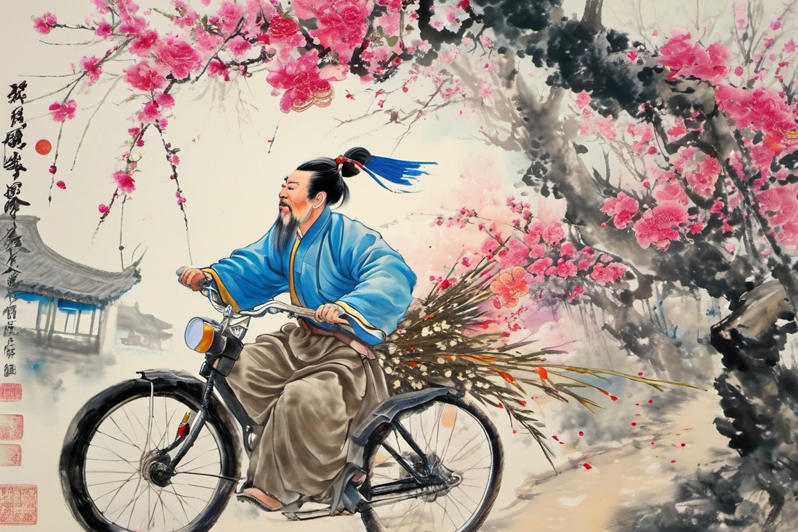ink-painting,parody,fine art parody,riding,bicycle,ground vehicle,male focus,1boy,weapon,sword,black hair,tree,outdoors,multiple boys,faux traditional media,chinese clothes,instrument,blue hair,flower,sheath,solo,<lora:ink-paintingXL-000004:1>,