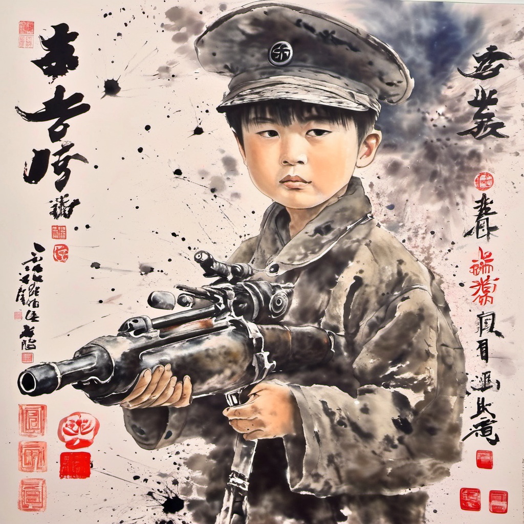 ink-painting,1boy, holding gun,traditional media,weapon,chinese text,no humans,bullet,1boy,solo,military,cannon,watercraft,<lora:ink-paintingXL-000004:1>,