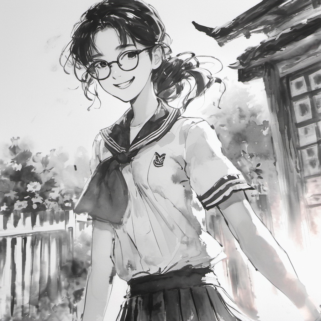 ink-painting, monochrome,greyscale,ink and wash,1girl,solo,(long hair,ponytail,sailor shirt,sailor collar,pleated skirt,scarf,student,bespectacled,small breasts),(black hair),(red scarf),smile,blush,standing,looking at viewer,cowboy shot,Soft Lighting,strong rim light,Beautiful Lighting,outdoors,day,cloudy sky,lens flare,garden,building,flower,<lora:ink-paintingXL-000004:1>,