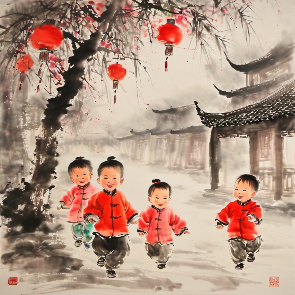 masterpiece,high quality,ink-painting art,nobody, solo,children, Smile, Chinese style, Chinese year, festive,<lora:ink-paintingXL-000004:1>,