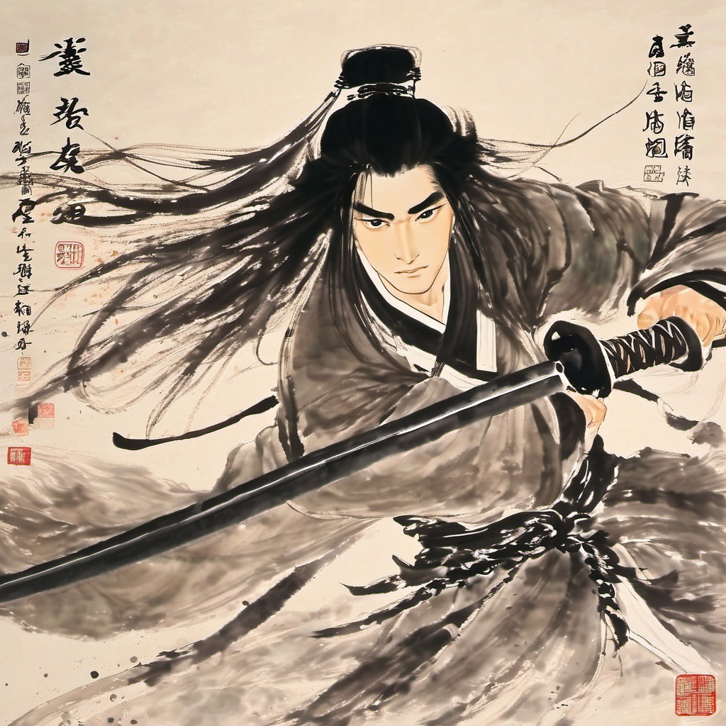 a boy,long hair,black hair,smwuxia,Chinese text,weapon:sw,ink-painting,<lora:Ath_ink-paintingXL:1>,