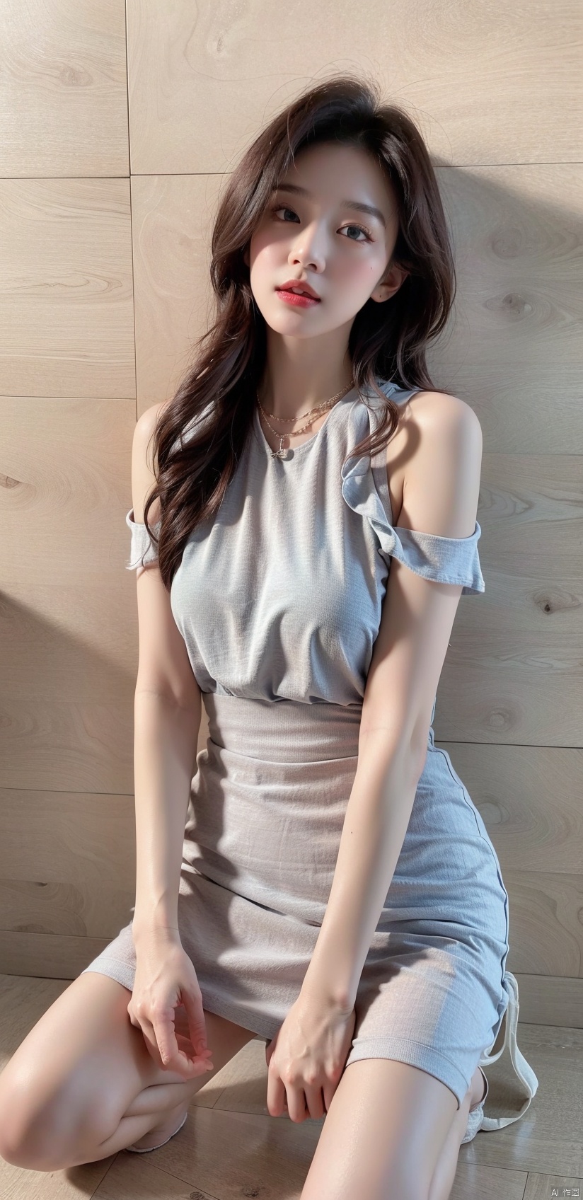 1 Girl, solo, light blue long hair, kneeling on the ground looking forward, blue eyes, medium chest, bare shoulders, jewelry, light blue hair, closed lips, powder blusher, necklace, red lips, clothes of different colors, legs kneeling on the bed, hip skirt, whole body,