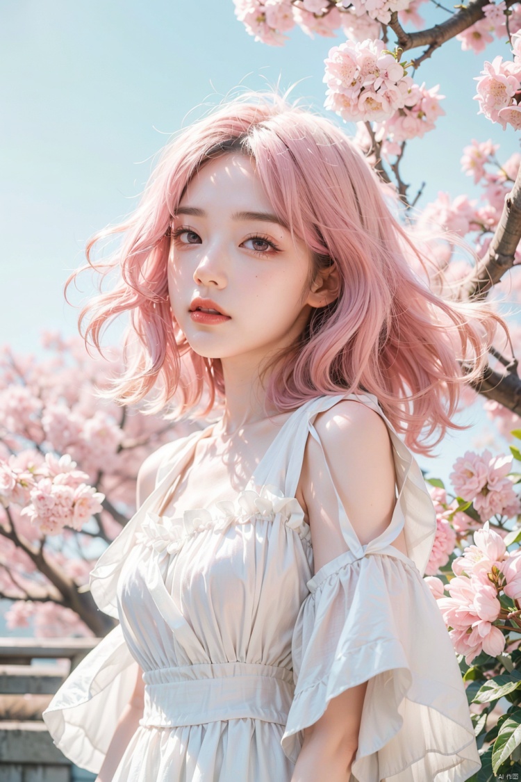  Light pink hair, pink eyes, pink and white, sakura leafs, vivid colors, white dress, paint splash, simple background, ray tracing, wavy hair, Purity Portait