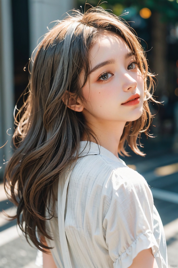  photorealistic of a cute girl in red\(smile, messy long silver hair\), detailed skin and face, shadow, cinematic, shot from side, look back, street, surrealistic, sense of reality, very realistic, very realistic, intense contrast of light and shadow, shot with Leica M50, f/1.8, Purity Portait