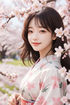  1girl,artist_name,blue_sky,blurry,blurry_background,blurry_foreground,branch,brown_eyes,cherry_blossoms,day,depth_of_field,falling_petals,floral_background,floral_print,flower,hanami,in_tree,kimono,lips,looking_at_viewer,nose,outdoors,petals,pink_flower,pink_kimono,pink_theme,plum_blossoms,realistic,sakura_miku,smile,solo,spring_\(season\),tree,upper_body,