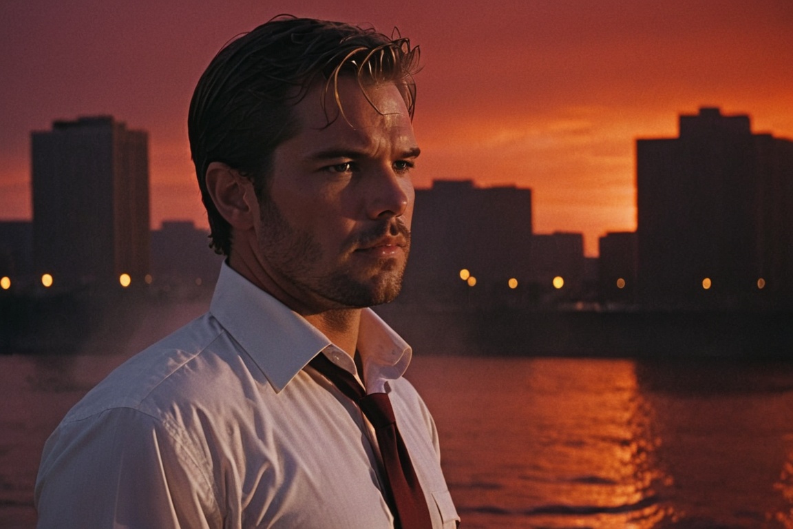 A handsome male detective,  enveloped in Sunset Drama and a Crimson Wash,  exuding Turbulent Serenity on Tensor.Art