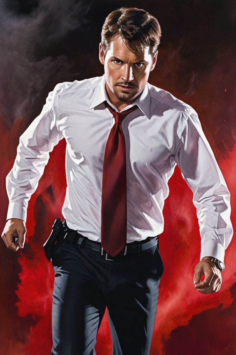 A handsome male detective,  enveloped in scarlet light and Crimson Wash,  white collared shirt on Tensor.Art