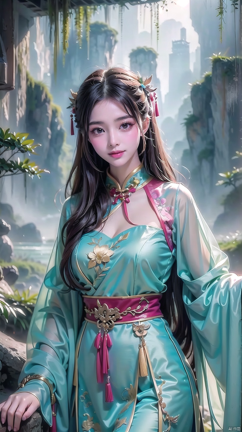(Masterpiece, best quality: 1.5), surreal, 1 girl, long hair, straight hair, portrait, mysterious forest, sweet smiling girl, exquisitely decorated cheongsam, medium chest, exquisite and realistic details, magical tower background, mysterious fantasy world, colorful and colorful, gufengsw001