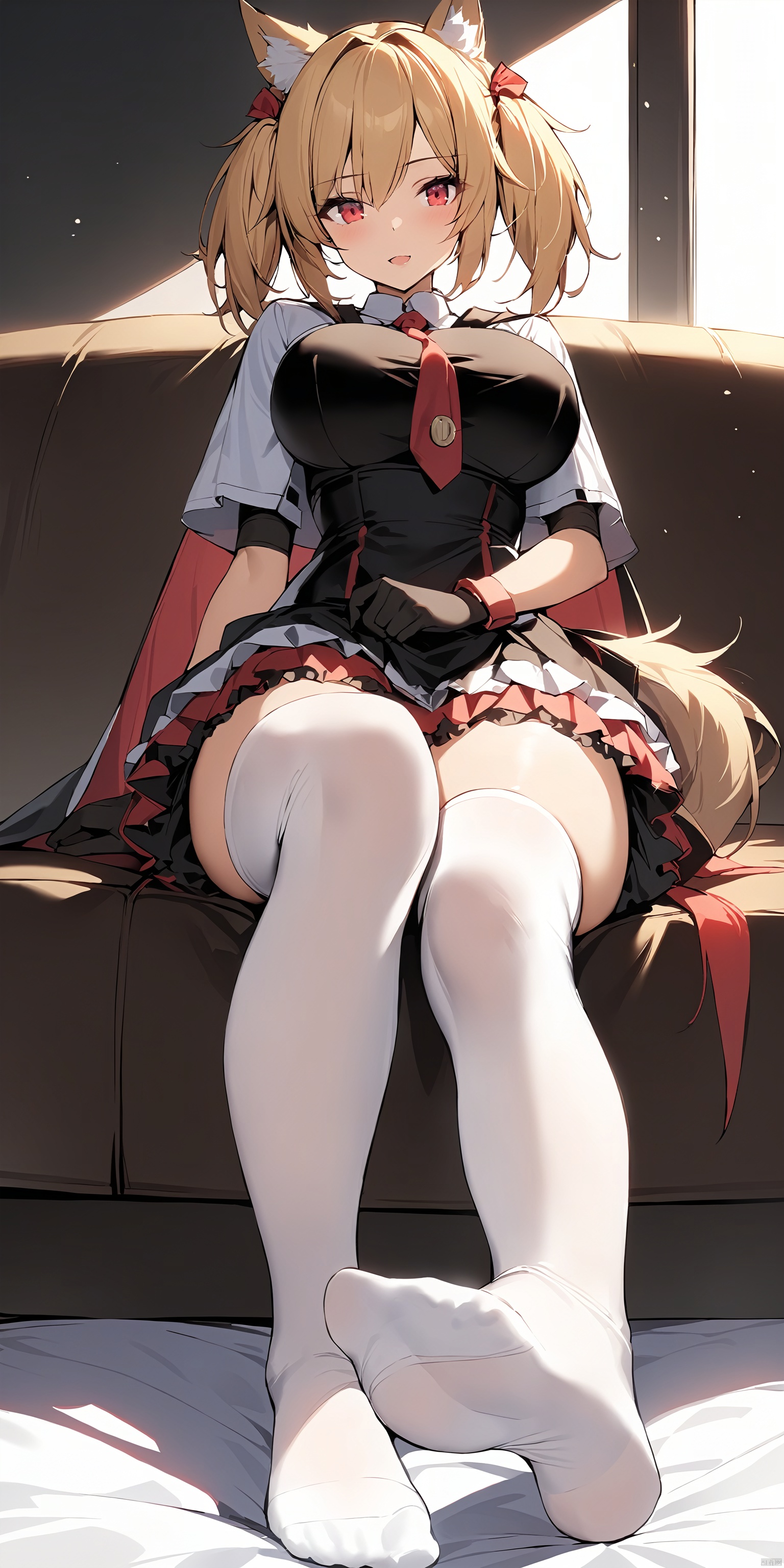  (masterpiece),(best quality),1girl, long_hair,(large_breasts:1.2),solo, (full_body:1.2) , sitting,no_shoes,feet,gloves,short_hair,wolf_ears,wolf_tail, sora,blonde hair,red_eyes,twin_tails,black_vest,cape,dress,red necktie,frilled skirt,