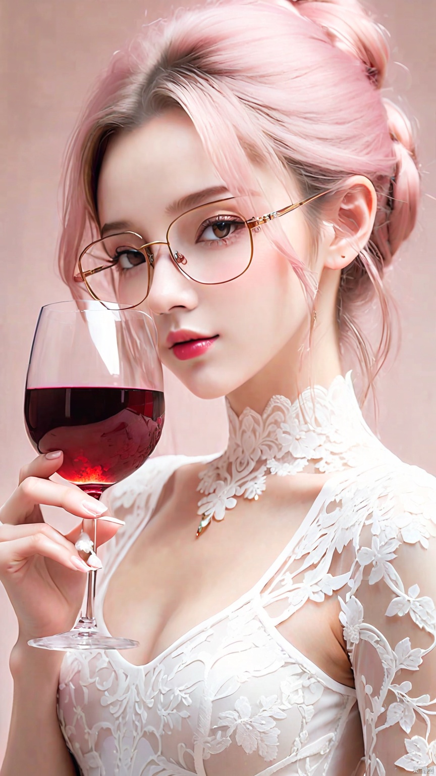 A beautiful woman wearing a white lace bodysuit, Holding a glass of red wine, glasses, and a white pink gradient,