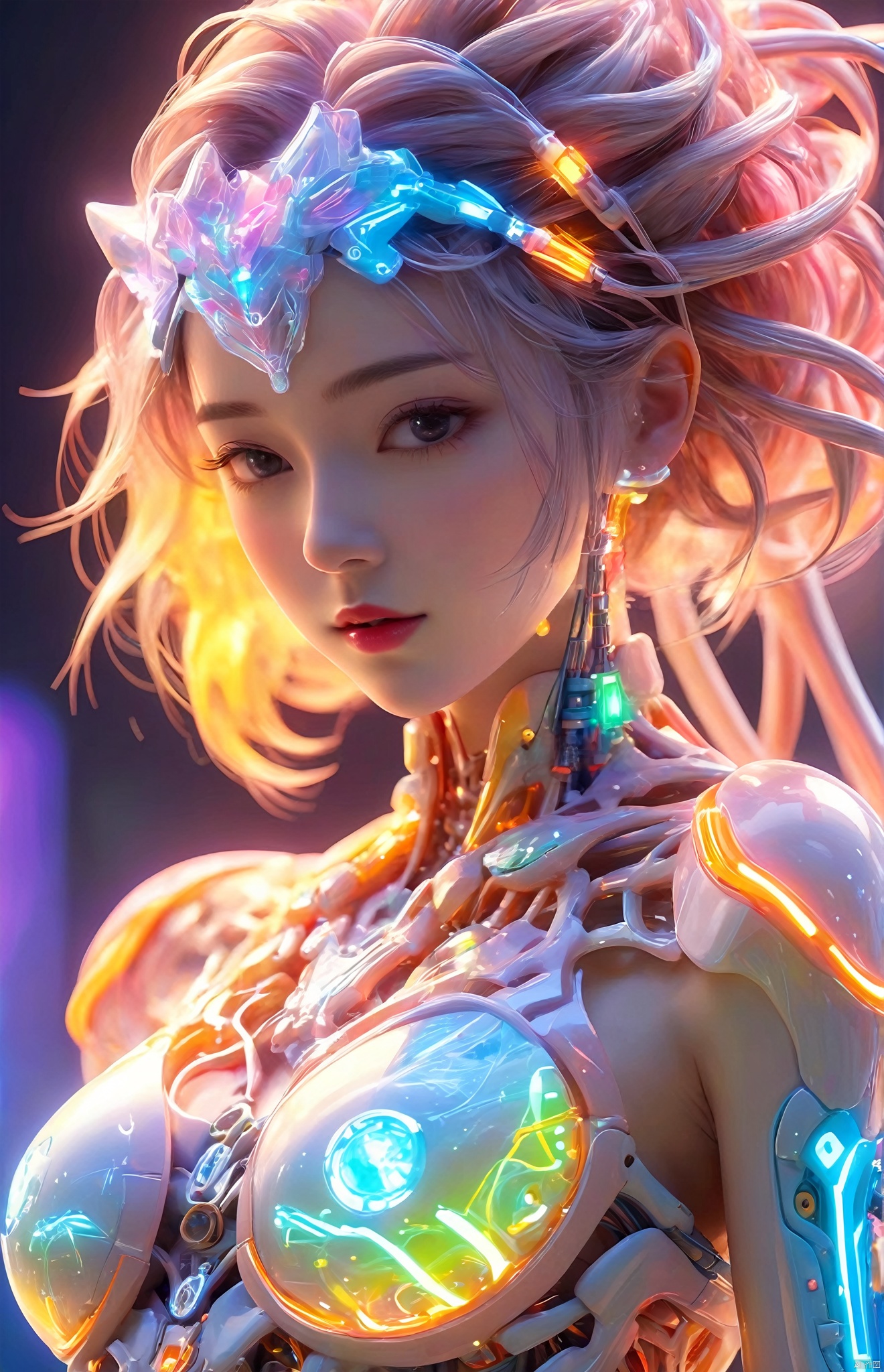  (1girl:1.2),cute face,long hair,frilly hairstyle,torso,body,8k,ultra-detailed,highres,(best quality, masterpiece:1.2),(deformad neon light:1.3),soft particles of fractal fire,volumetric lighting,focus,colorful,((extreme details)),glow,impossible figures,paradoxical art,paradox,impossible geometry,hypercube,Beautiful Psychedelic Trippy White Intricate Detailed Elaborate,solo,full body,(machine made joints:1.4),((machanical limbs)),(explosed muscles),(blood vessels connected to tubes),(a brain in container:1.3),((mechanical vertebra attaching to back)),((mechanical cervial attaching to neck)),((sitting)),expressionless,(wires and cables attaching to head and body:1.5),small breasts,short hair,(character focus),science fiction,