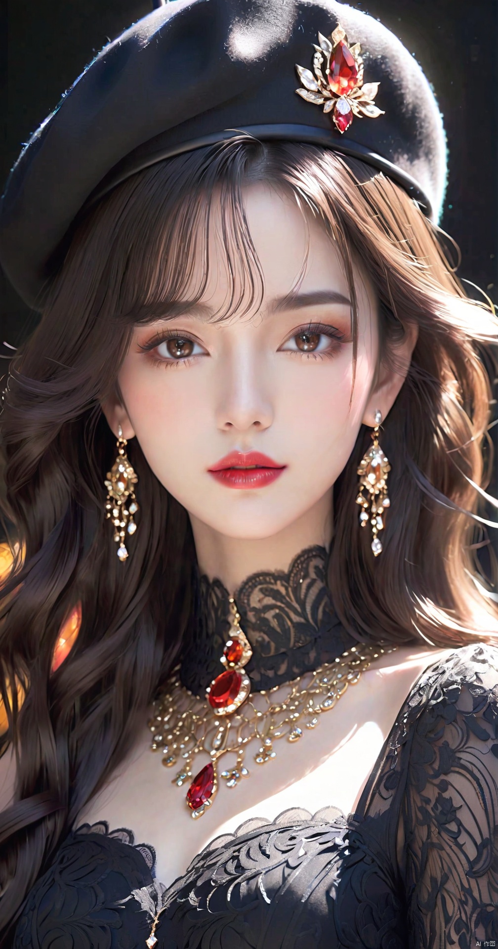 1girl, solo, long hair, breasts, looking at viewer, black hair, gloves, hat, dress,brown eyes, jewelry, medium breasts, upper body, earrings, parted lips, choker, black gloves, artist name, necklace, black dress, black headwear, makeup, beret, lipstick, black background, gem, red lips, lace gloves