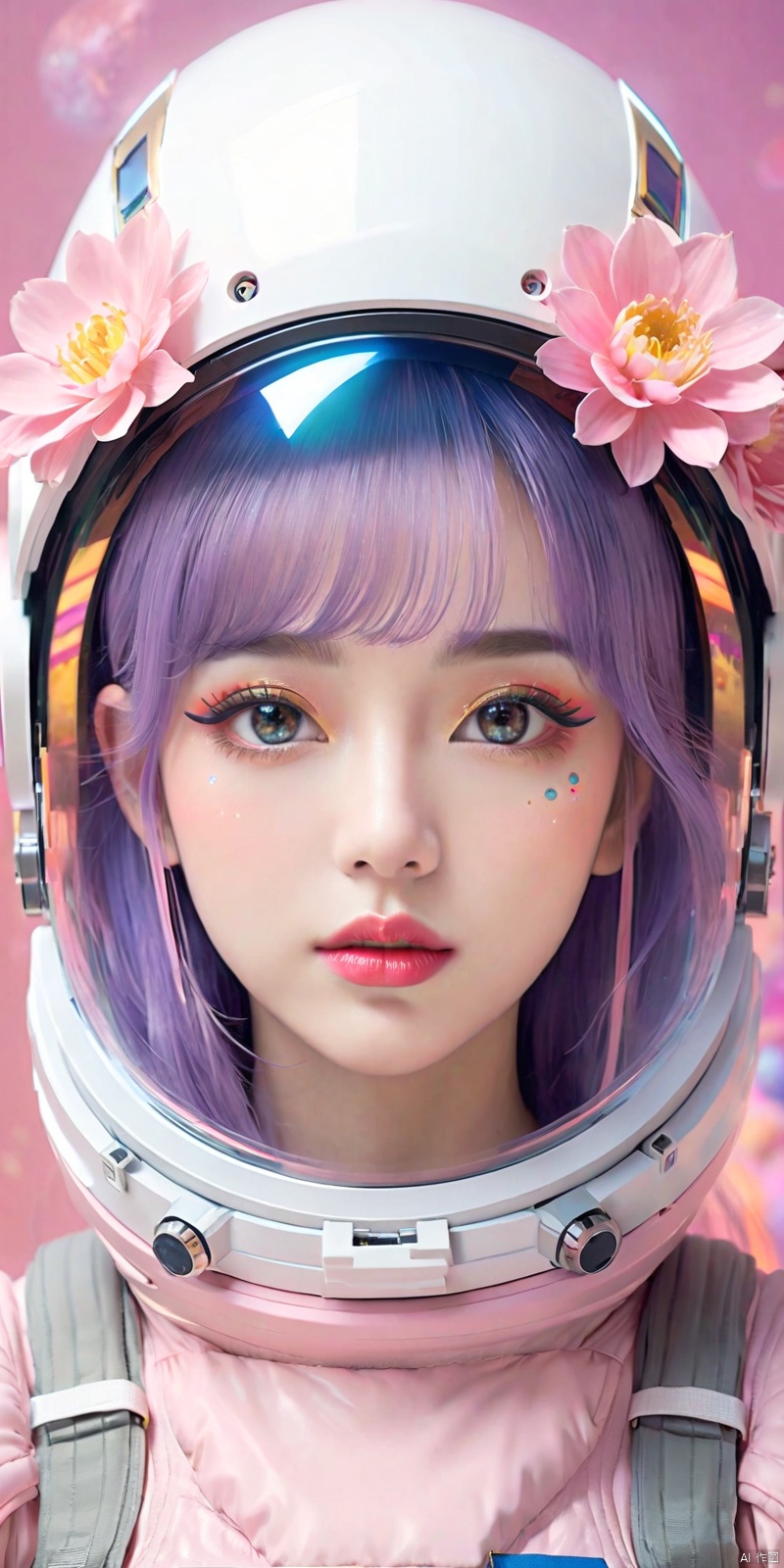 highres,absurdres,wallpaper,fair_skin,makeup,fundoshi,lipstick,red_lips_,pupils,bright_pupils,colorful, a asian woman wearing a space suit and a helmet with flowers around her head and a pink background with pink flowers,Chen Lu,space,a character portrait,space art, big eyes,thick eyebrows,long_eyelashes,mascara,big breasts,reality,face_focus
