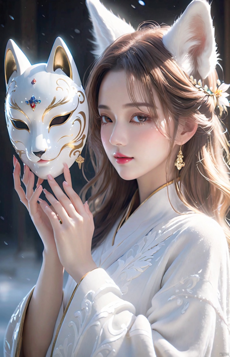 Spiritual Guidance, a beautiful woman holding a kitsune mask in her hands, half covering her face, cold lighting, light grey background, highly detailed, ultra-high resolutions, 32K UHD, best quality, masterpiece, , 1girl