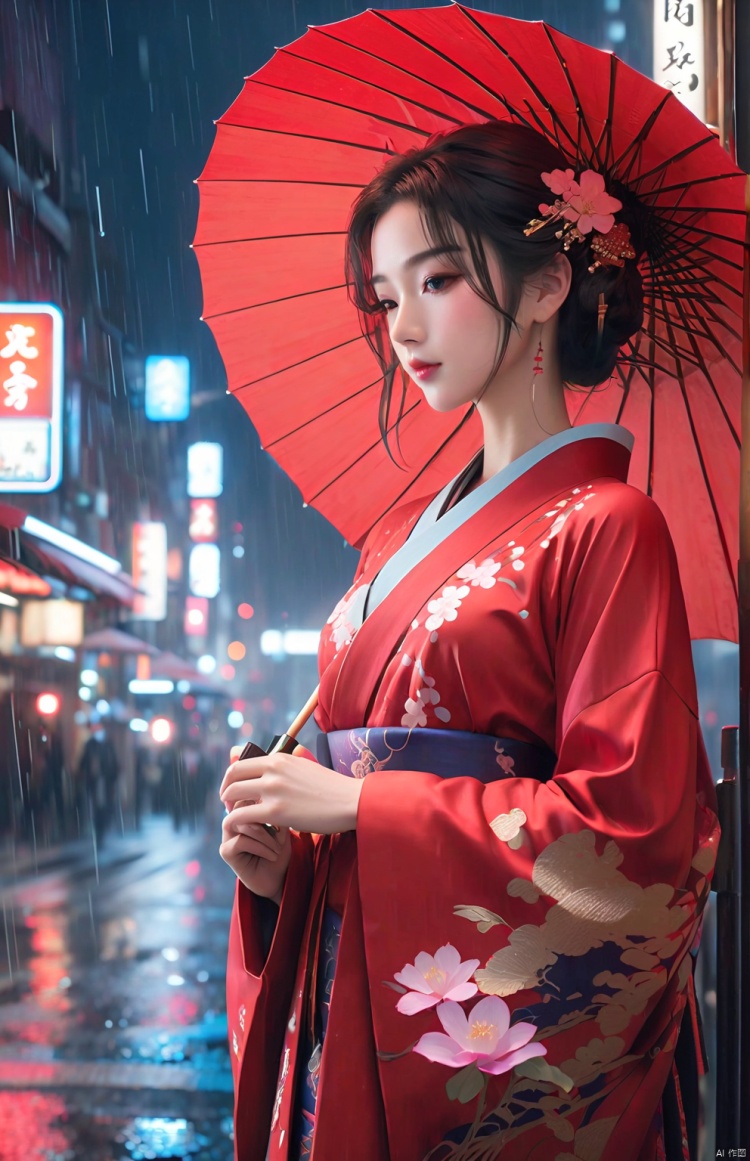 side view of a beautiful cyborg geisha wearing red kimono holding a red umbrella standing in the rain at night on city streets,Expose one thigh,highly detailed, ultra-high resolutions, 32K UHD, best quality, masterpiece,