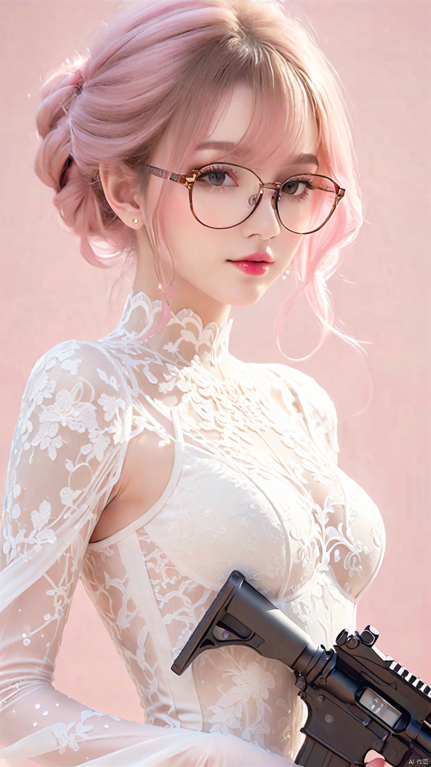 A beautiful woman wearing a white lace bodysuit, holding an assault rifle, glasses, and a white pink gradient,