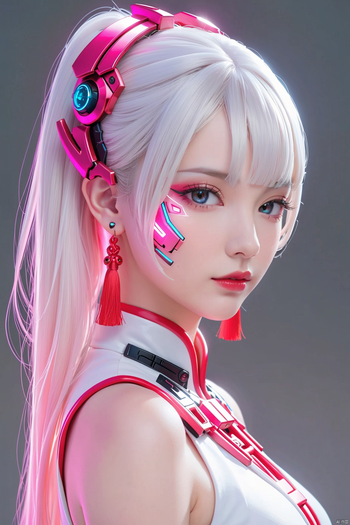 The painting on the beautiful woman's face reads "1Girl"“,imensional Armory,beautiful eyes, long eyelashes,red lips,banlanz,jewelry,cyborg,white hair,1girl,looking at viewer,,glowing pink special effects,gradient blue and pink Lights,split theme,portrait,mechanical parts,cyberpunk,solo,simple background,makeup,chinese clothes,grey eyes,tassel,grey background,tassel earrings,black eyes,hair slicked back,,
