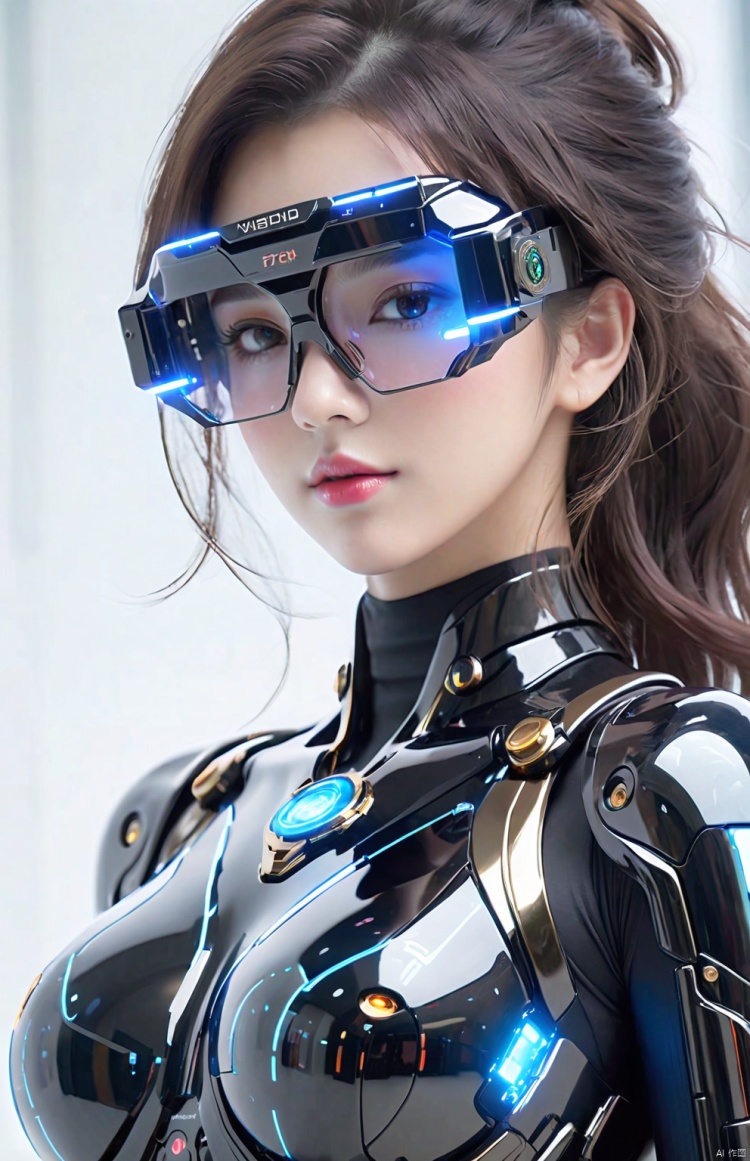 Vision Next, medium shot front view of a woman wearing black transparent futuristic glasses with glowing HUD display on the glasses, black military bodysuit, holding a gun, white background, highly detailed, ultra-high resolutions, 32K UHD, best quality, masterpiece, 
