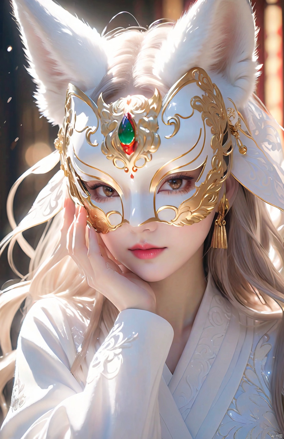  Spiritual Guidance, kitsune mask, half covering her face, cold lighting, light grey background, highly detailed, ultra-high resolutions, 32K UHD, best quality, masterpiece, , 1girl
