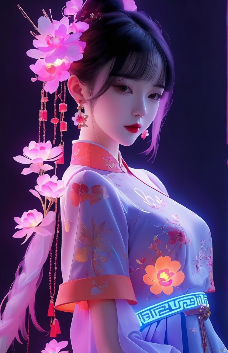  1girl,china dress,Neon lights,deformad neon light.(machine made joints,machanical limbs),High quality, details, flowers