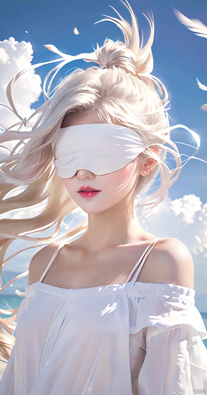 1girl,Long hair, ponytail, white hair,(blindfold),The wind blows,Off Shoulder