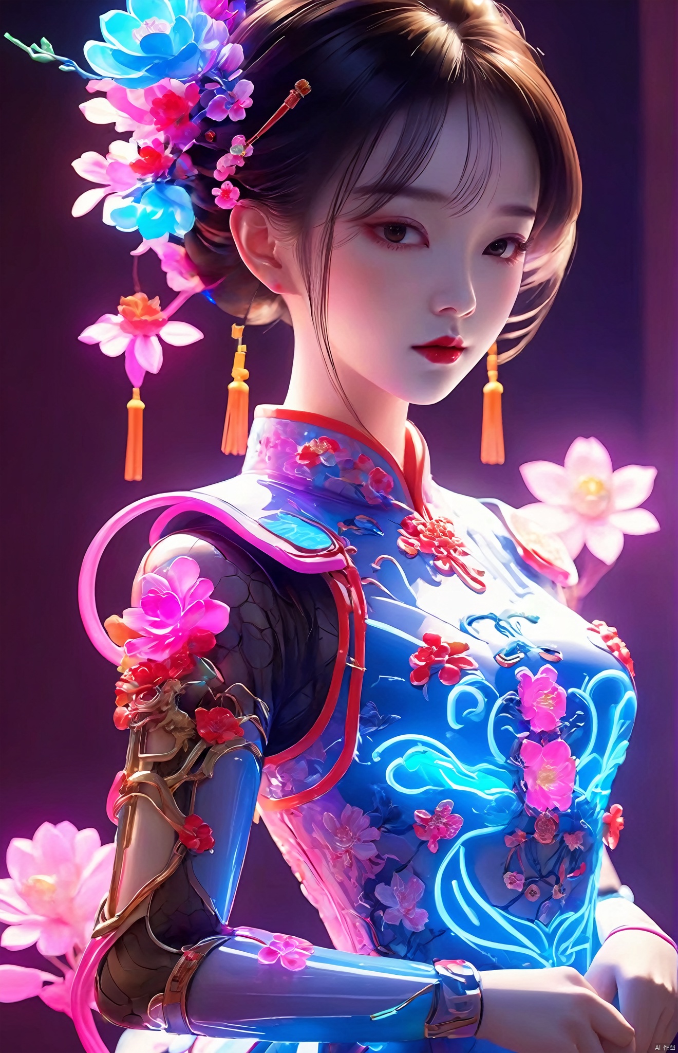  1girl,chinese dress,Neon lights,deformad neon light.(machine made joints,machanical limbs),High quality, details, flowers