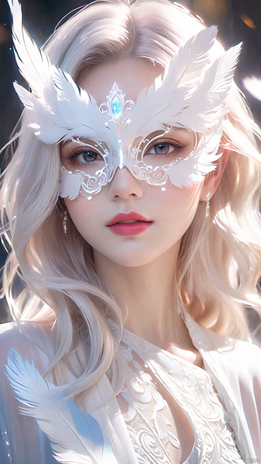 A girl with long white hair floating over her face, white one-inch shirt, lipstick, exquisite facial details, increased details,Many feathers, feather eye masks,enhanced clarity, abstract design, ethereal phantom, lifelike