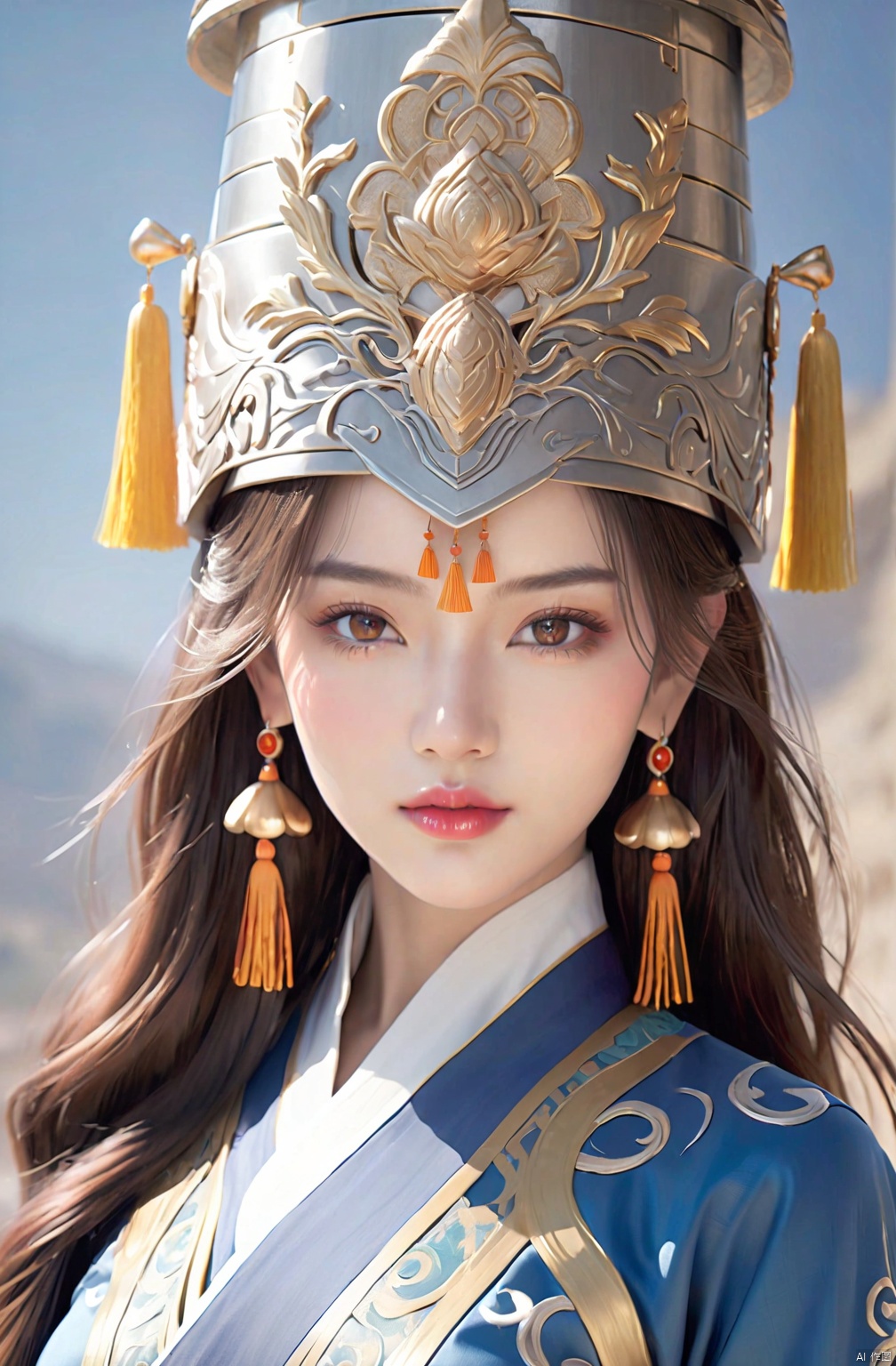 Best quality,masterpiece,16K,realistic,cinematic image quality,realistic,1girl,Chinese Yi ethnic clothing,Silver metal headwear,brown eyes,earrings,hat,jewelry,Yi ethnic metal jewelry,A huge metal hat,Headwear metal tassels,Silver metal hat,lace,lace trim,lips,long hair,looking at viewer,parted lips,solo,upper body,