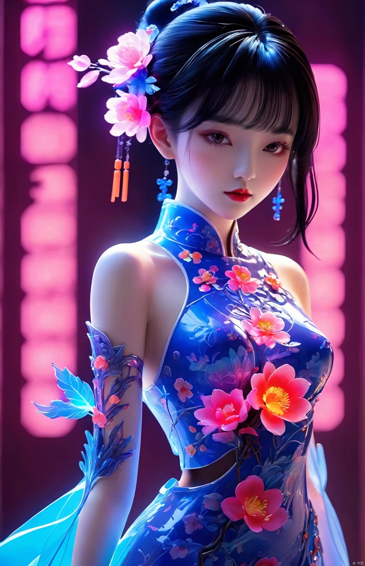  1girl,chinese dress,black hair,Neon lights,deformad neon light.(machine made joints,machanical limbs),High quality, details, flowers