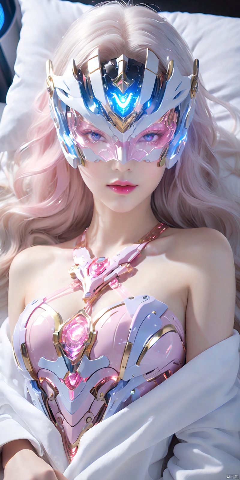  Dimensional Armory,Lying in bed, looking from above,Anime girl in bare-shoulder dress,glowing eyes,with long white hair,wearing black glasses frame,glowing pink special effects,gradient pink and blue Lights,light blue background,rich details,Expose the mechanical mask of the eyes,ultra high resolution,32K UHD,best quality,masterpiece,