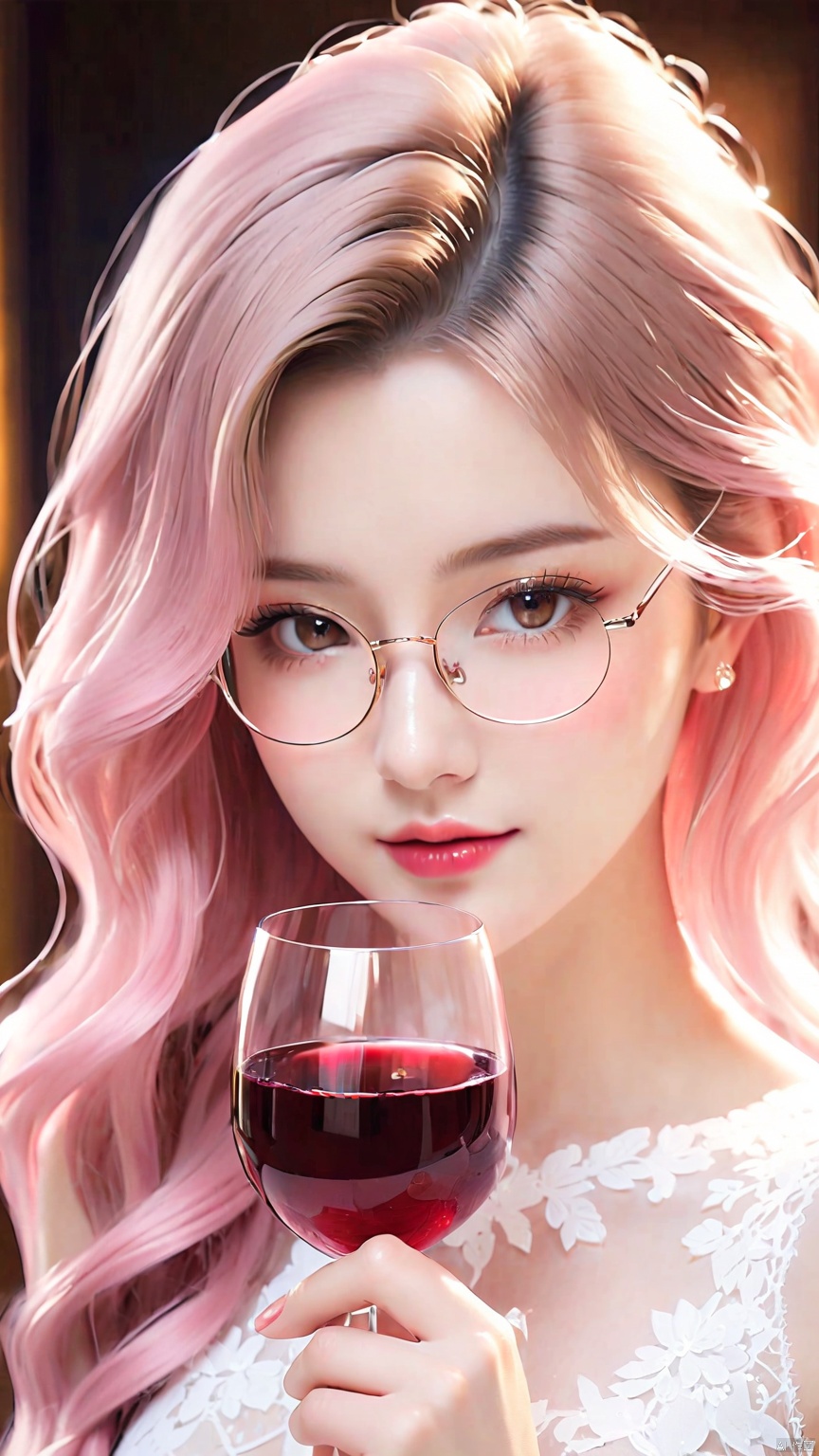 A beautiful woman wearing a white lace bodysuit, Holding a glass of red wine, glasses, and a white pink gradient,