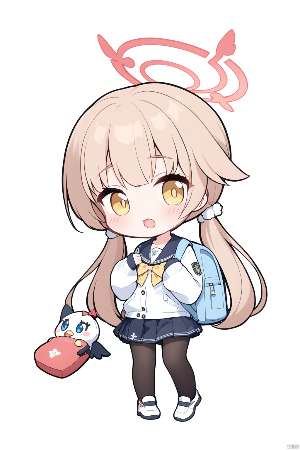  1girl,(masterpiece:1.3),( beautiful:1.2),(high quality:1.2),(finely detailed:1.2),extremely detailed CG unity 8k wallpaper,best quality,a very delicate and beautiful,perfect fingers,(one cute girl at the center:1.2), BASD, chibi,(two-headed body),cute,
hifumiBA,long hair,skirt,twintails,school uniform,yellow eyes,weapon,pantyhose,pleated skirt,shoes,serafuku,sailor collar,bag,black pantyhose,lowtwintails,halo,stuffedtoy,lightbrownhair,backpack,sneakers,hifumi\(bluearchive\),

