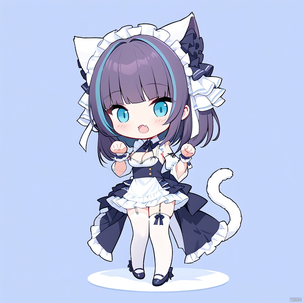  1girl,(masterpiece:1.3),( beautiful:1.2),(high quality:1.2),(finely detailed:1.2),extremely detailed CG unity 8k wallpaper,best quality,a very delicate and beautiful,perfect fingers,(one cute girl at the center:1.2), BASD, chibi,(two-headed body),cute, full_body,
breasts,bangs, blue eyes, medium breasts, black hair, thighhighs,dress, ribbon, animal ears, cleavage, standing, purple hair, multicolored hair, hairband, frills, detached sleeves, fang, puffy sleeves, cat ears, two-tone hair, aqua eyes, white thighhighs, streaked hair, wrist cuffs, maid, maid headdress, fake animal ears, garter straps, paw pose, frilled hairband, puffy detached sleeves,cheshire\(azurlane\), cheshireAL