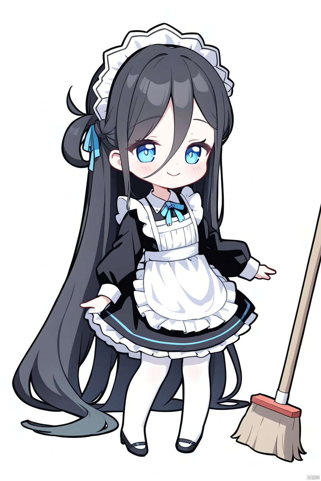  1girl,(masterpiece:1.3),( beautiful:1.2),(high quality:1.2),(finely detailed:1.2),extremely detailed CG unity 8k wallpaper,best quality,a very delicate and beautiful,perfect fingers,(one cute girl at the center:1.2), BASD, aliceBA,chibi,
long hair,smile,blue eyes,black hair,very long hair,full body,pantyhose,alternate costume,apron,maid,maid headdress,alternate hairstyle,maid apron,broom,white pantyhose,absurdly long hair,aris \(blue archive\),aliceMaid