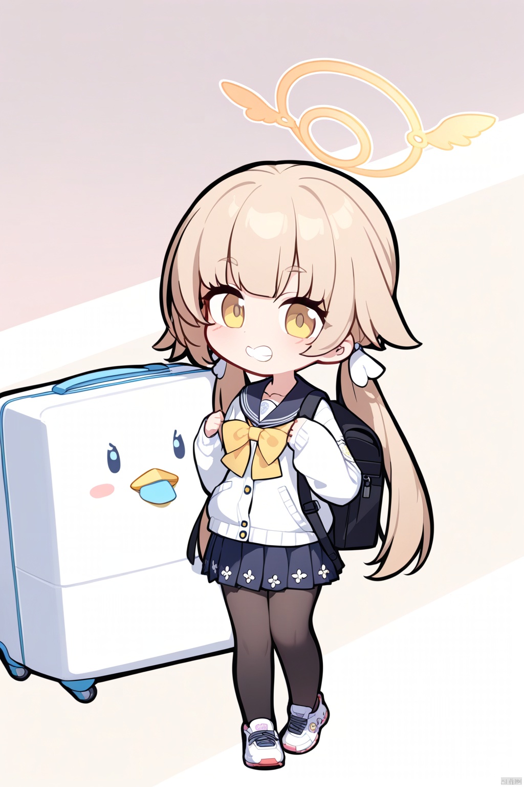  1girl,(masterpiece:1.3),( beautiful:1.2),(high quality:1.2),(finely detailed:1.2),extremely detailed CG unity 8k wallpaper,best quality,a very delicate and beautiful,perfect fingers,(one cute girl at the center:1.2), BASD, chibi,(two-headed body),cute,
hifumiBA,long hair,skirt,twintails,school uniform,yellow eyes,weapon,pantyhose,pleated skirt,shoes,serafuku,sailor collar,bag,black pantyhose,lowtwintails,halo,stuffedtoy,lightbrownhair,backpack,sneakers,hifumi\(bluearchive\),

