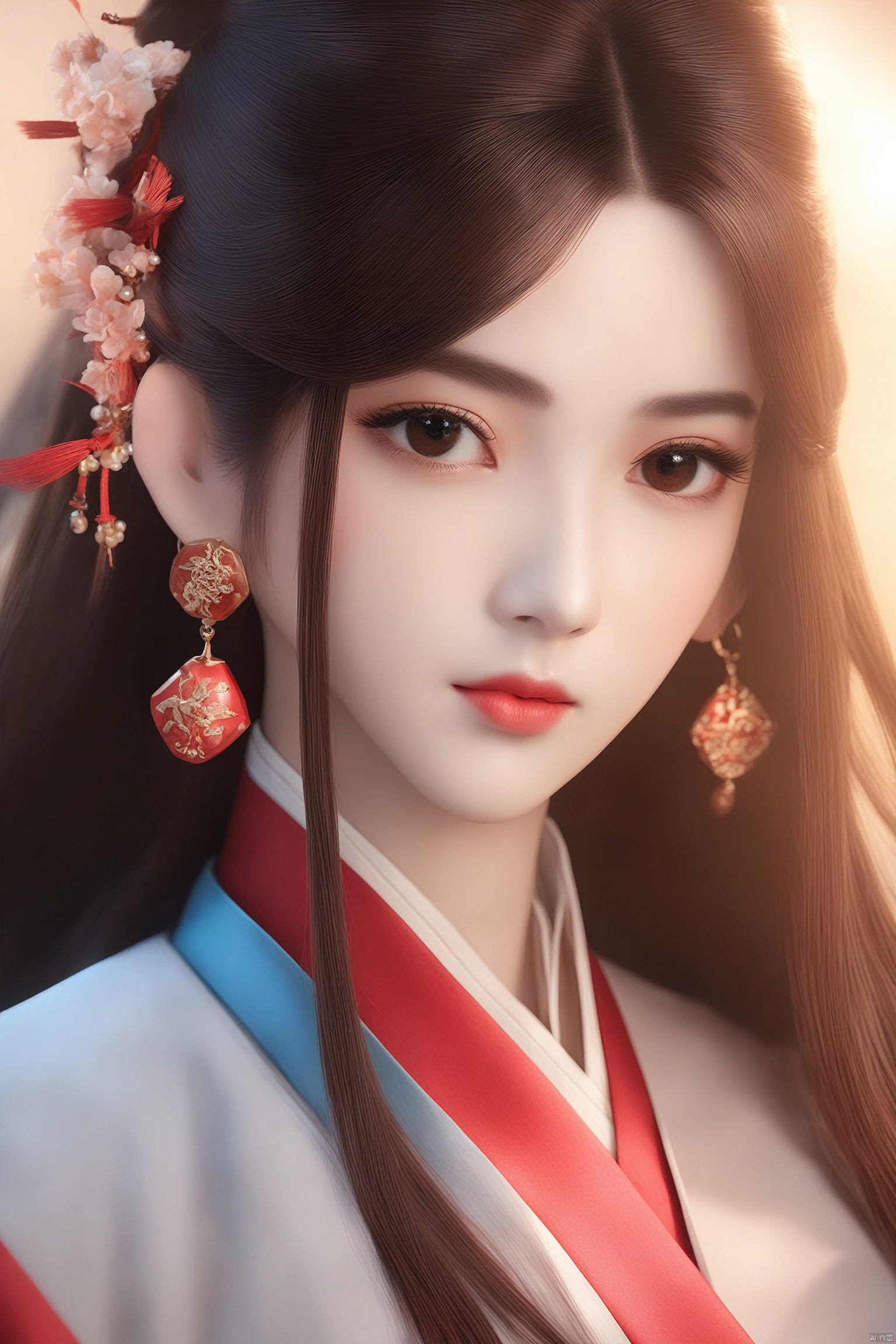 (representative work, best quality, official CG), 1 girl, clear background, brown eyes, crossed arms, depth of field, earrings, jewelry, hanfu, sword holding, sword with sheath, lips, long hair, long sleeves, first view, separated cuffs, rouge, powder blusher, super long hair