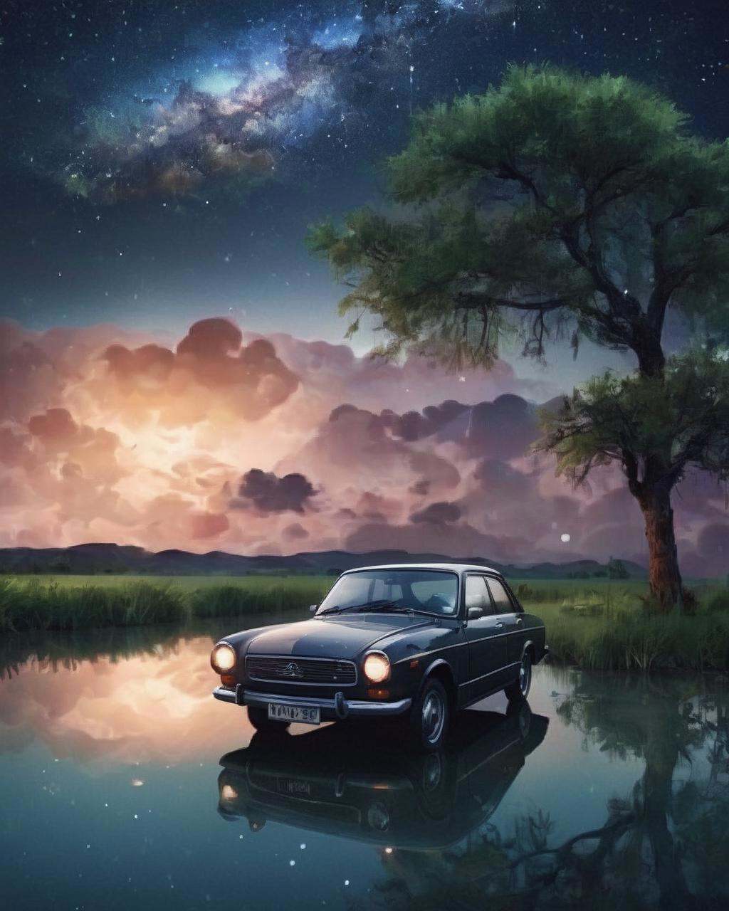 a car is parked in the water at night ,  outdoors,  sky on Tensor.Art