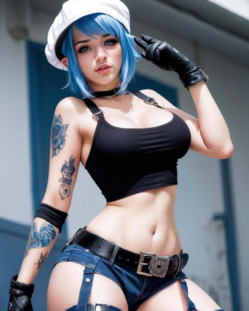 a woman with blue hair wearing a hat and a top ,  1girl,  solo on Tensor.Art