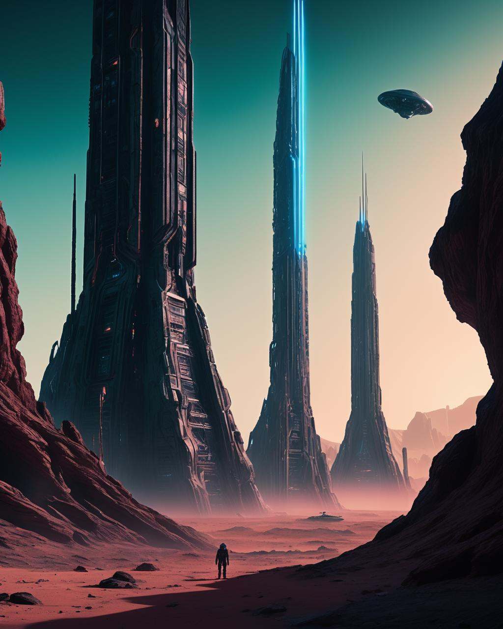 -A tense sci-fi movie scene set on a desolate planet,  featuring towering alien architecture,  flickering neon lights on T...
