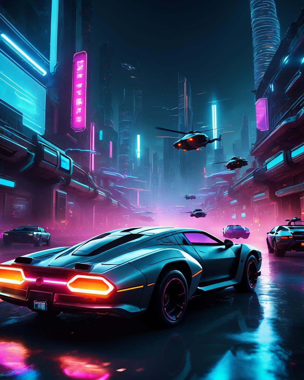 -A thrilling chase scene through a futuristic city,  with neon lights,  flying cars on Tensor.Art