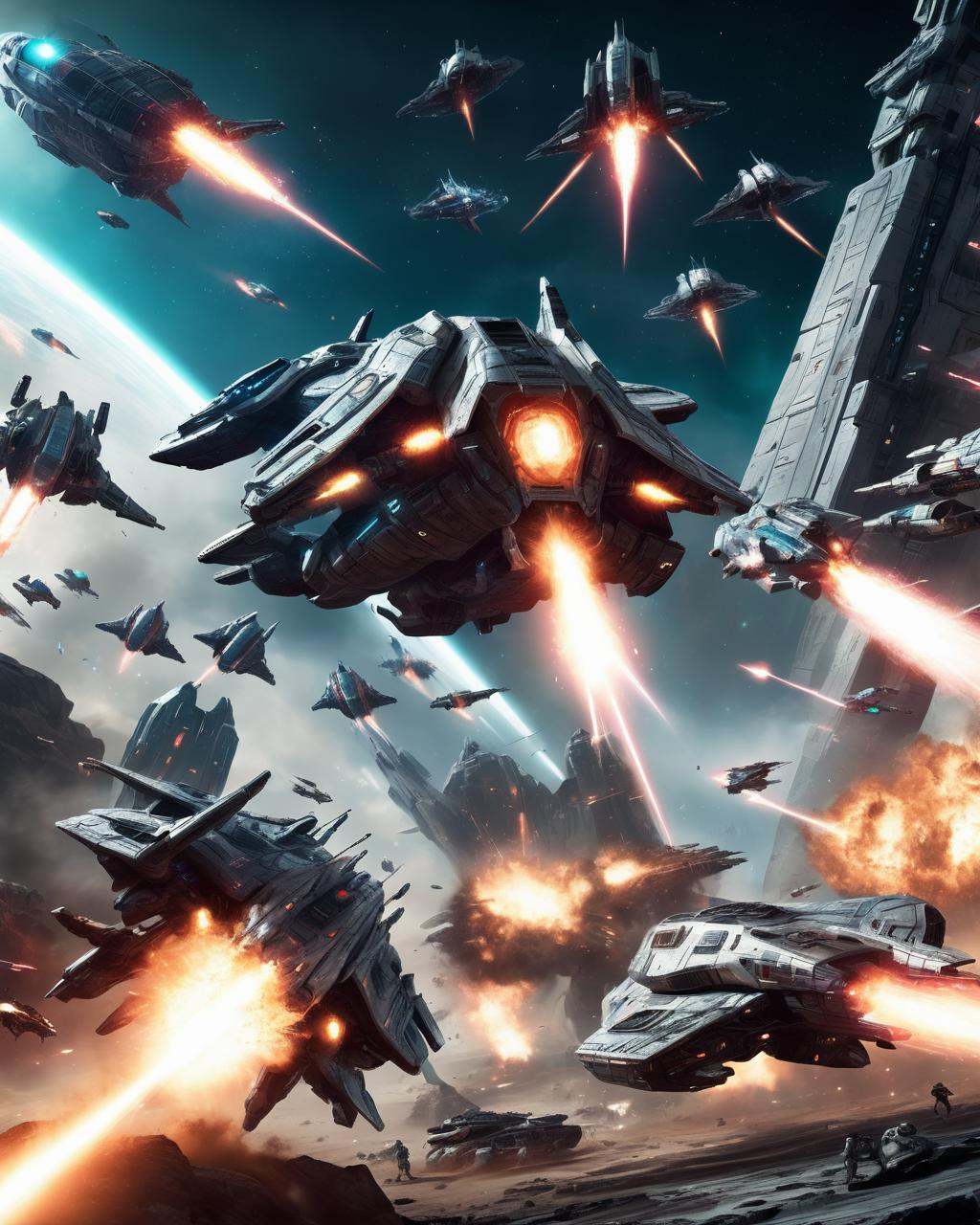 -A thrilling sci-fi battle scene featuring futuristic spaceships,  laser weapons,  and a sprawling intergalactic battlefie...