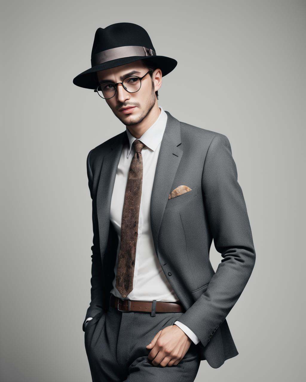 a man with a hat and glasses wearing a suit ,  fashion photography on Tensor.Art