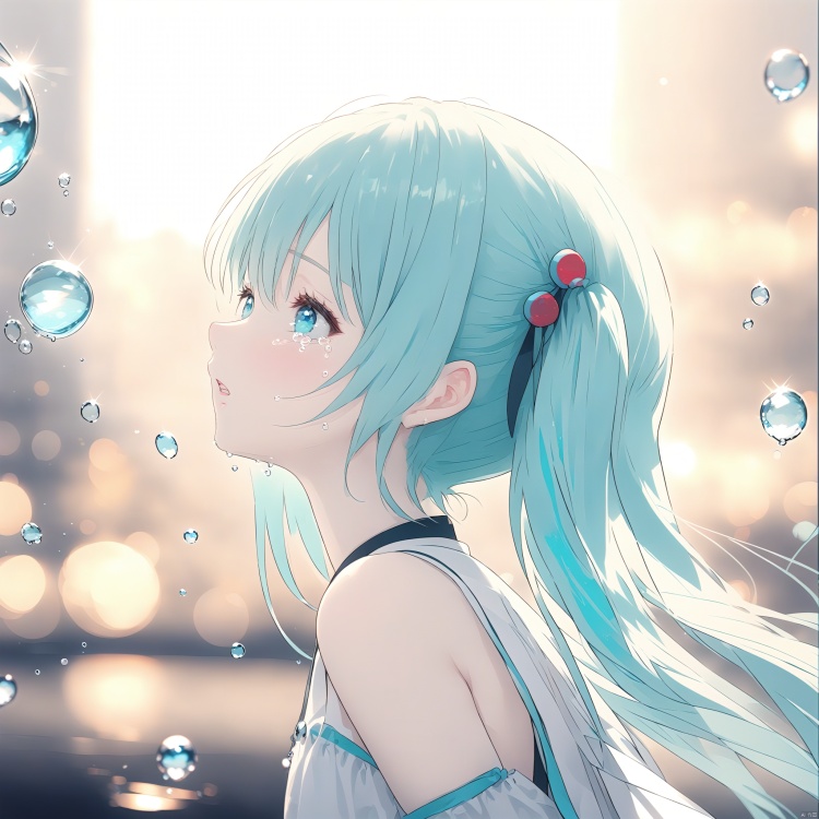  (masterpiece), (best quality), illustration, ultra detailed, hdr, Depth of field, (colorful),1girl, solo, hatsune miku, long hair, twintails, profile, blue hair, crying, tears, bubble, from side, eyelashes, blue eyes, crying with eyes open, blurry, upper body, parted lips, bangs, bokeh, portrait, close-up, water drop, aqua eyes, hair ornament, depth of field, bare shoulders, aqua hair