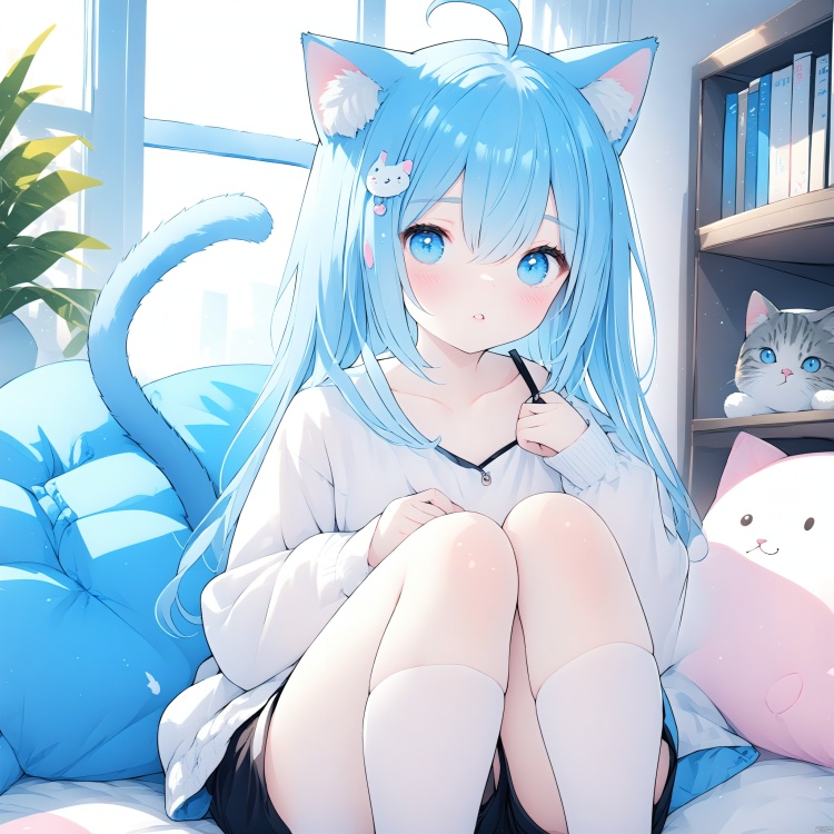  (masterpiece), (best quality), illustration, ultra detailed, hdr, Depth of field, (colorful),1girl, solo, cat ears, looking at viewer, animal ears, blue eyes, indoors, socks, blue hair, white socks, sitting, long hair, cat tail, cat girl, stuffed toy, shorts, tail, bangs, blush, knees up, on bed, white shirt, stuffed animal, long sleeves, parted lips, bookshelf, animal ear fluff, window, shirt, ahoge, collarbone, feet out of frame, short shorts, hair ornament, kneehighs, book, black shorts, hair between eyes