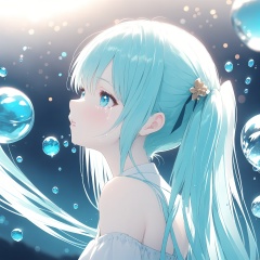  (masterpiece), (best quality), illustration, ultra detailed, hdr, Depth of field, (colorful),1girl, solo, hatsune miku, long hair, twintails, profile, blue hair, crying, tears, bubble, from side, eyelashes, blue eyes, crying with eyes open, blurry, upper body, parted lips, bangs, bokeh, portrait, close-up, water drop, aqua eyes, hair ornament, depth of field, bare shoulders, aqua hair
