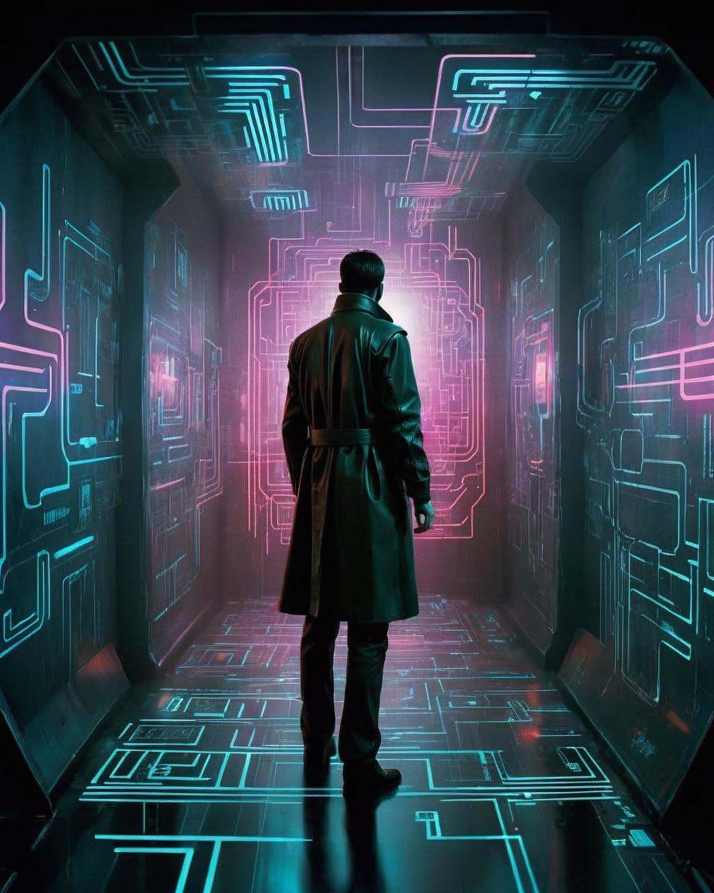 Blade runner,  a trench-coated detective pursuing a suspect through a maze of interactive holograms,  each step a potentia...